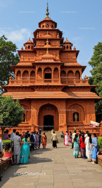 Red Brick Temple with Crowds in Bright Cultural Scene