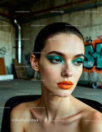 Model with vibrant teal eye makeup and orange lips
