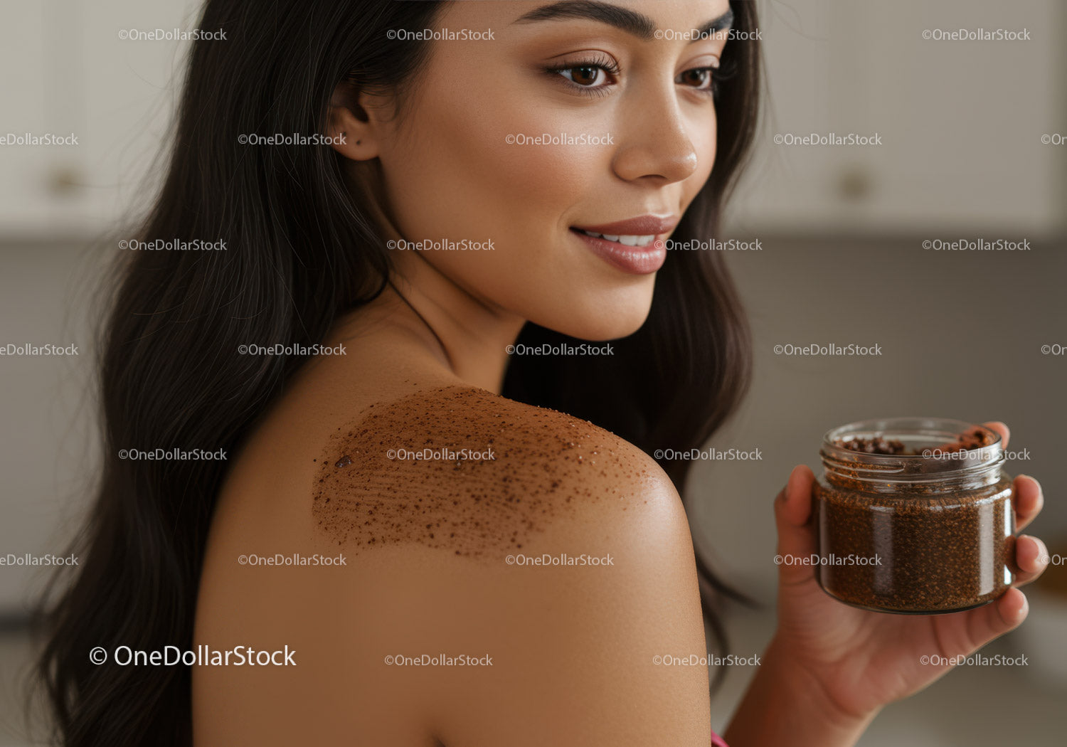 Woman Applying Exfoliating Scrub on Shoulder for Skin Care