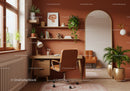 Cozy home office with warm terracotta walls and plants