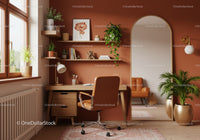 Cozy home office with warm terracotta walls and plants