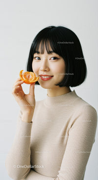 Smiling Woman Holding a Citrus Slice in Bright Modern Portrait