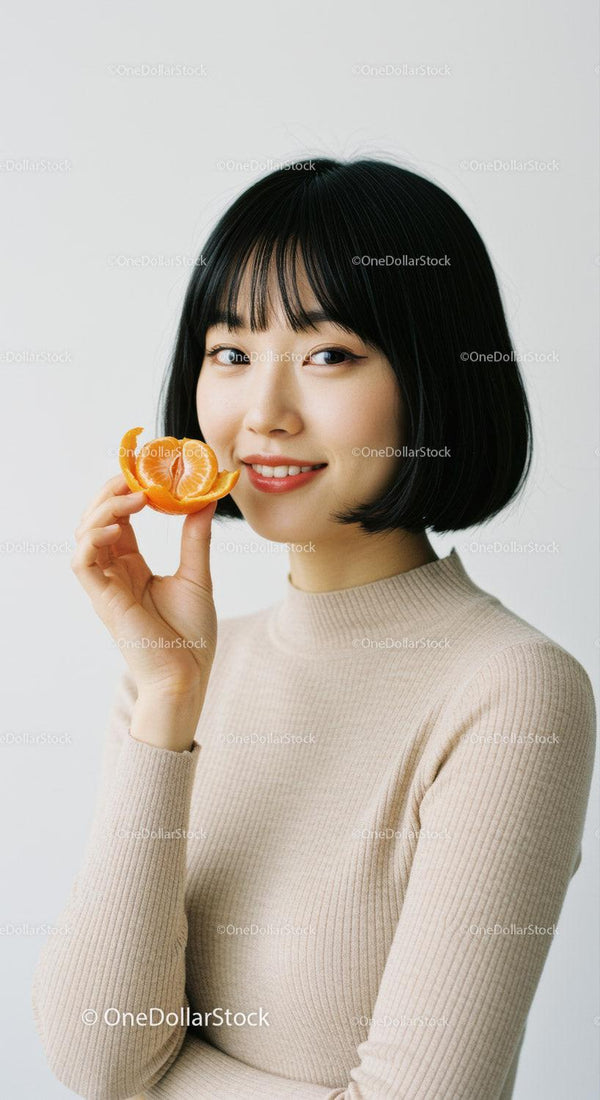 Smiling Woman Holding a Citrus Slice in Bright Modern Portrait