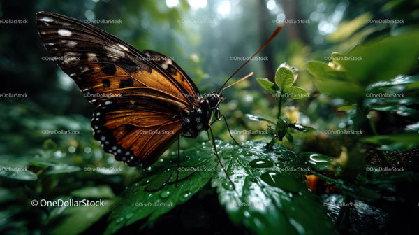 Bright Orange and Black Tropical Butterfly Resting on Leaf in Forest