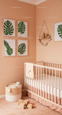 Modern Baby Nursery with Monstera Leaf Wall Art and Cozy Decor