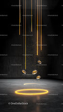 Futuristic Digital Art with Glowing Golden Lines and Floating Spheres