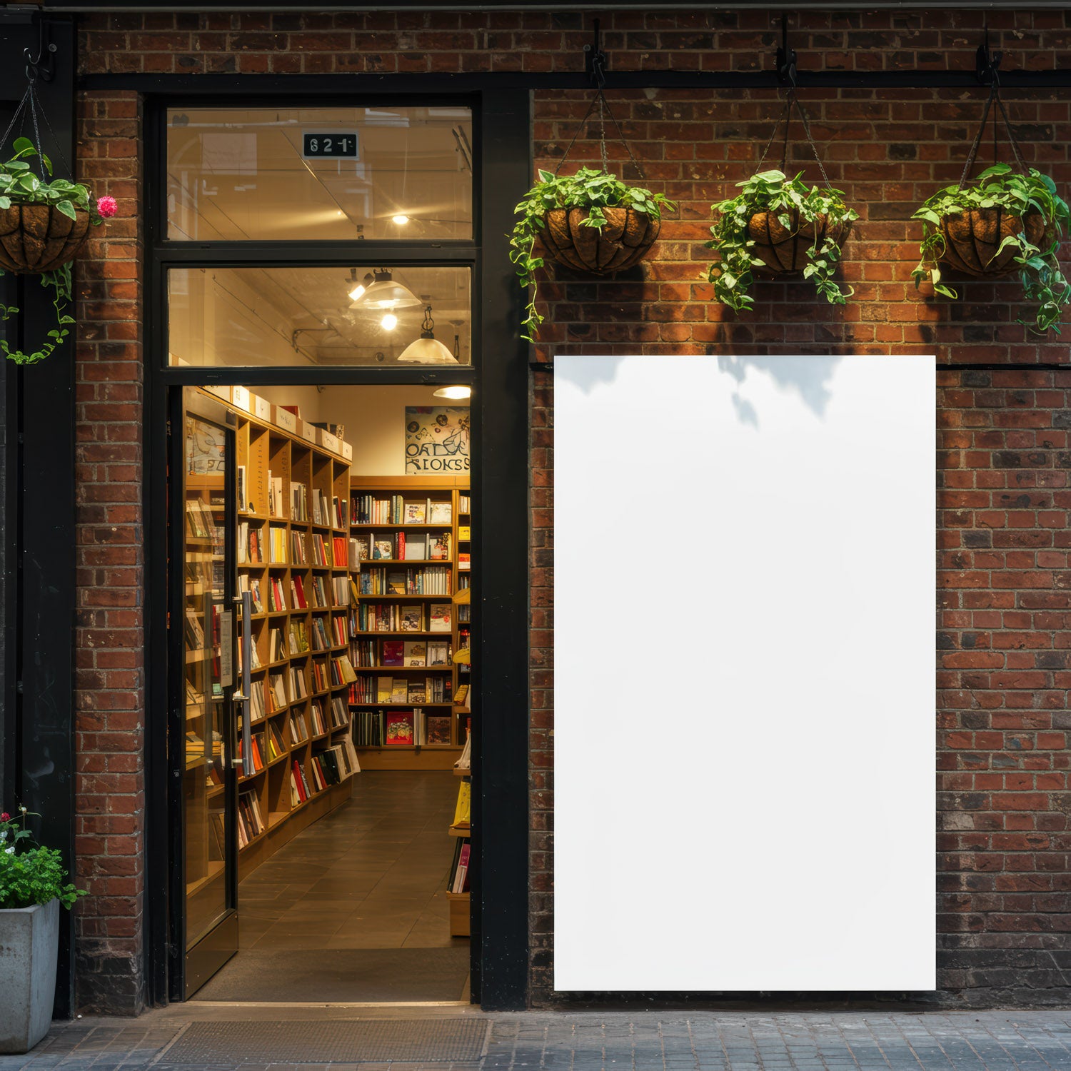 Cozy Bookstore Entrance with Hanging Plant Decor