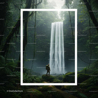 Explorer Standing Near Majestic Waterfall in Dense Jungle