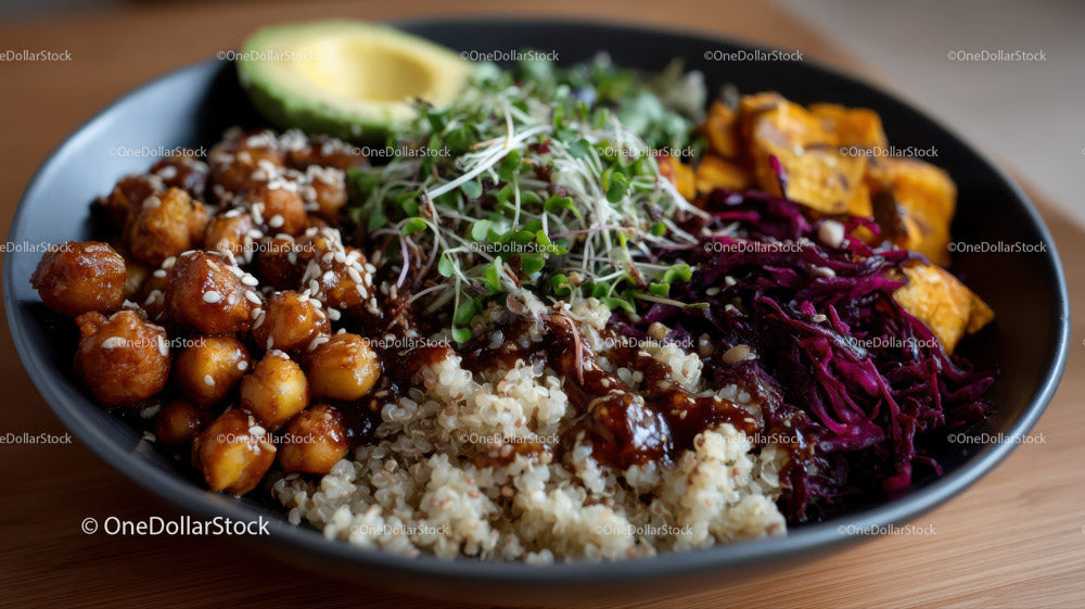 Colorful Plant-Based Bowl with Chickpeas Quinoa and Veggies (39 Images)