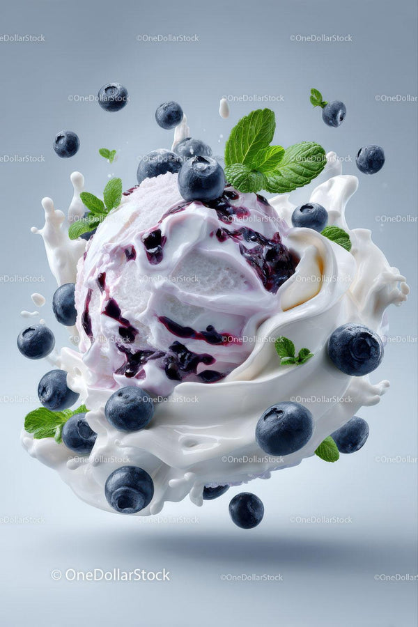 Fresh Blueberry and Mint Cream Dessert with Milk Splash