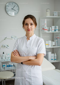 Female Healthcare Professional in White Coat Standing in Medical Clinic