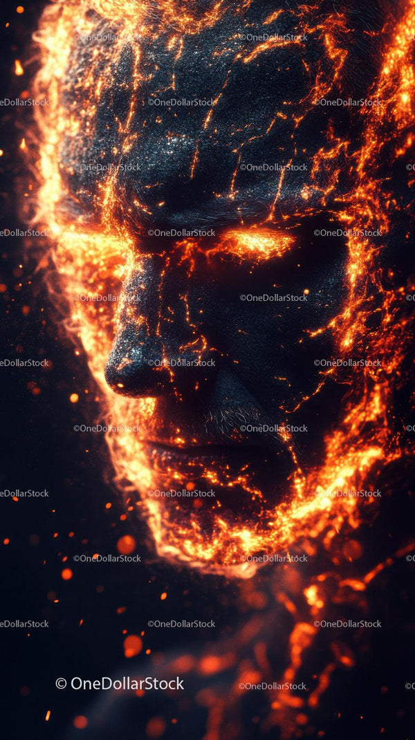 Fiery Abstract Human Face With Glowing Cracks