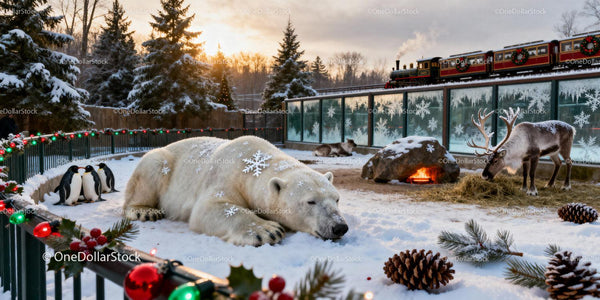 Winter animals resting in festive snowy enclosure