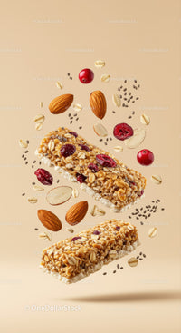 Healthy granola bars with almonds and cranberries floating