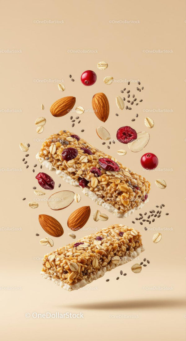 Healthy granola bars with almonds and cranberries floating