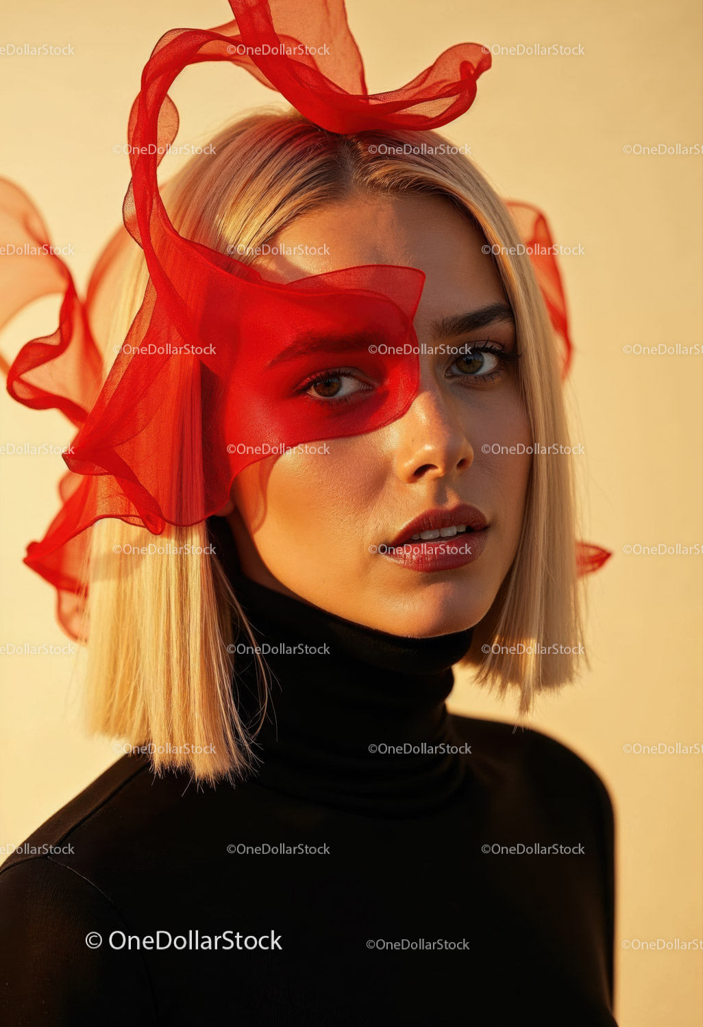 Creative Artistic Makeup Portrait with Red Face Paint and Blonde Hair
