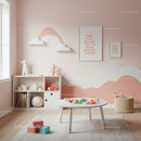 Charming Pink Nursery with Cloud and Mountain Wall Decor and Play Area