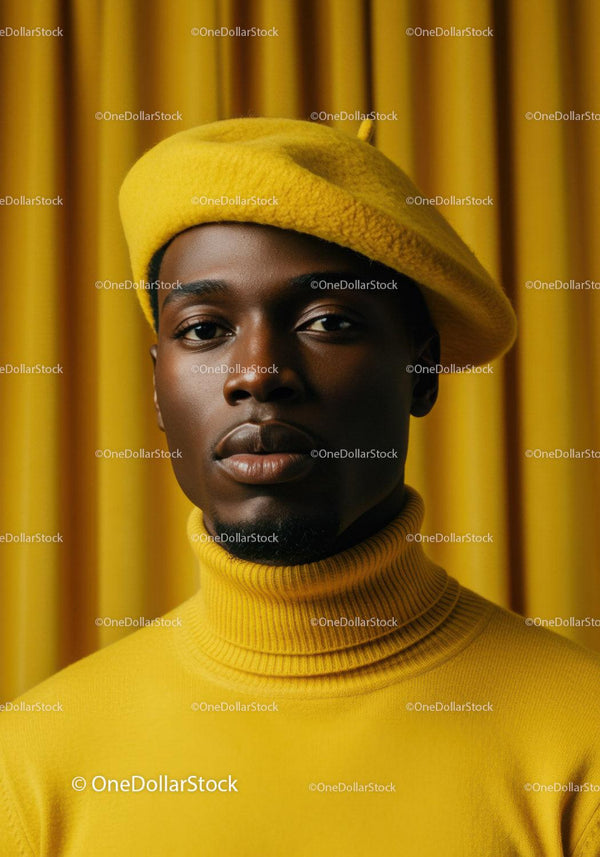 Stylish man wearing yellow beret and turtleneck sweater