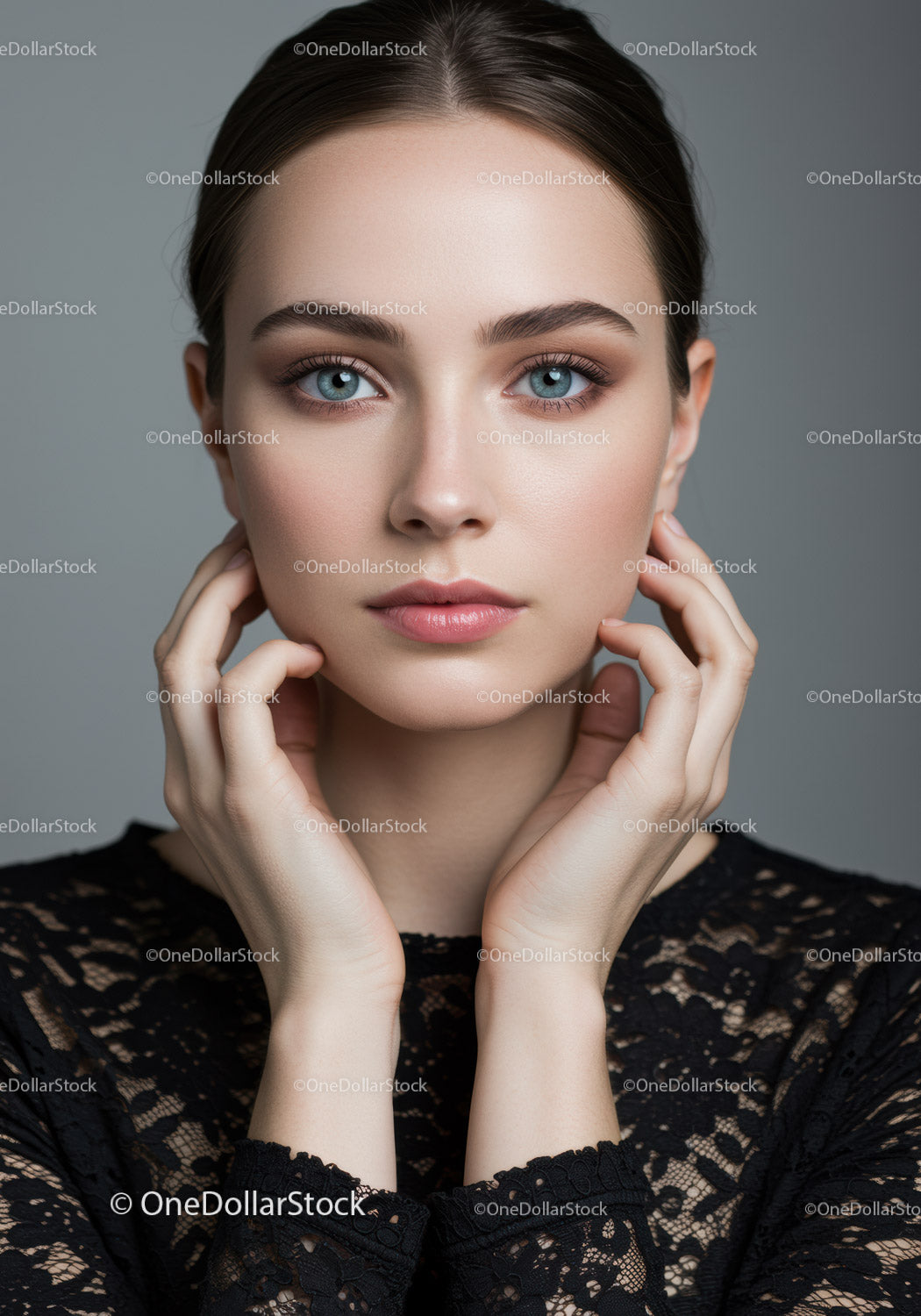 Elegant Portrait of a Young Woman with Blue Eyes and Black Lace Top