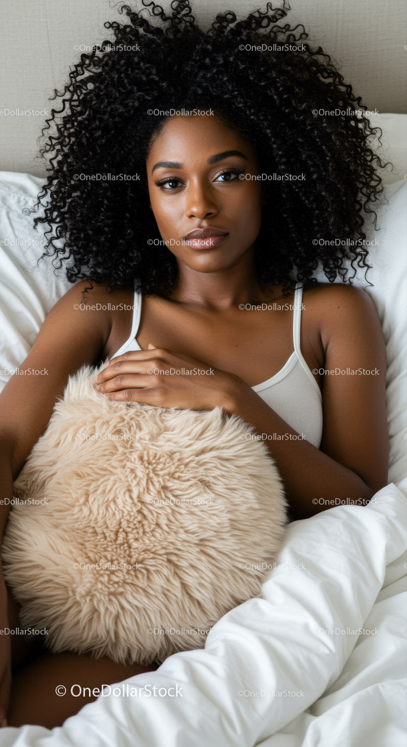 Calm young woman lying in bed with cozy fur pillow