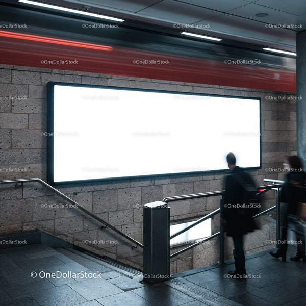 Commuters passing a large illuminated billboard in subway JPG Mockup Image