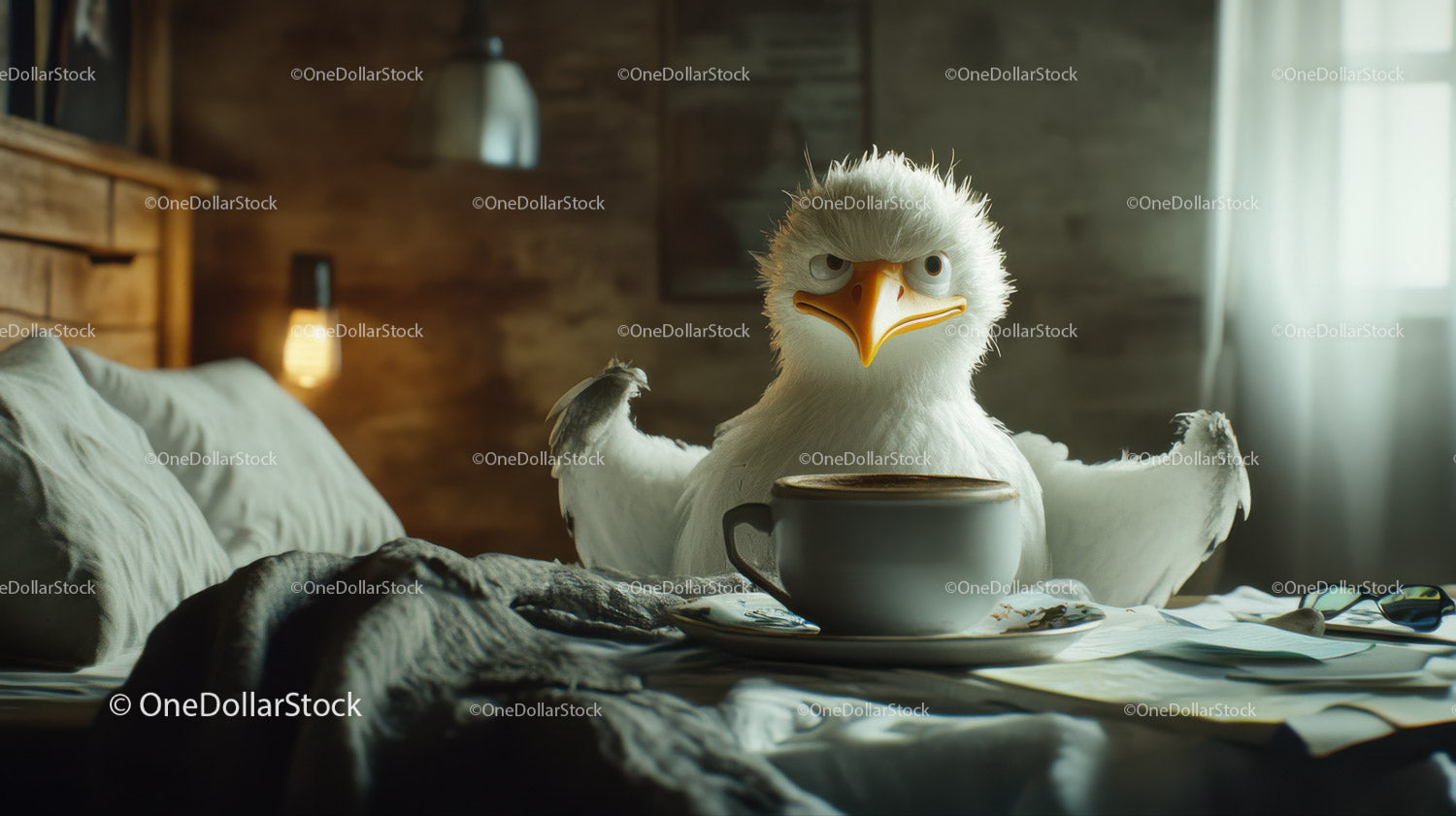 Funny Eagle Sitting at a Table with a Coffee Cup in Cozy Lifestyle Scene