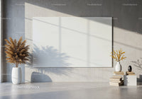 Minimalist interior with decorative plants and blank wall art