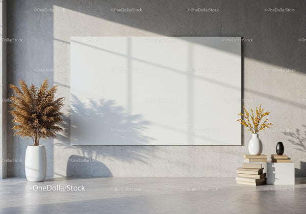 Minimalist interior with decorative plants and blank wall art JPG Mockup Image