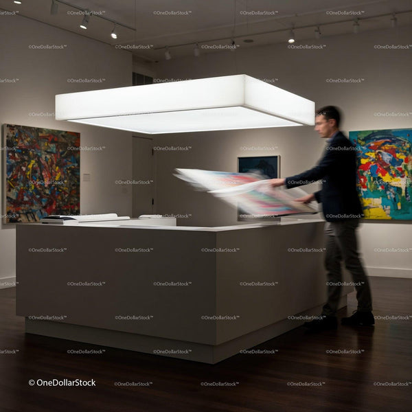 Man Reviewing Colorful Artwork in Modern Gallery Space JPG Mockup Image