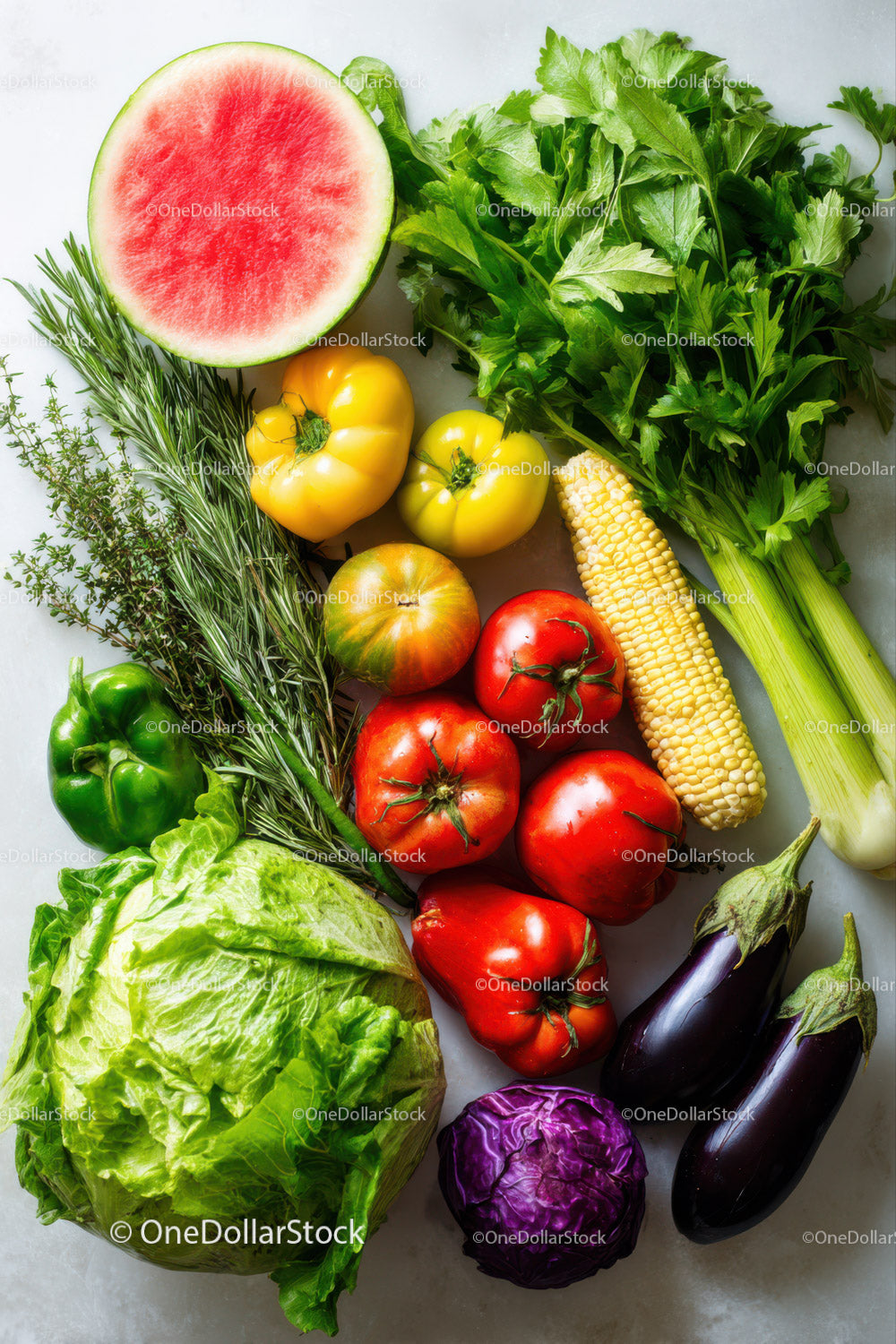 Fresh Vegetable Assortment with Watermelon and Garden Herbs