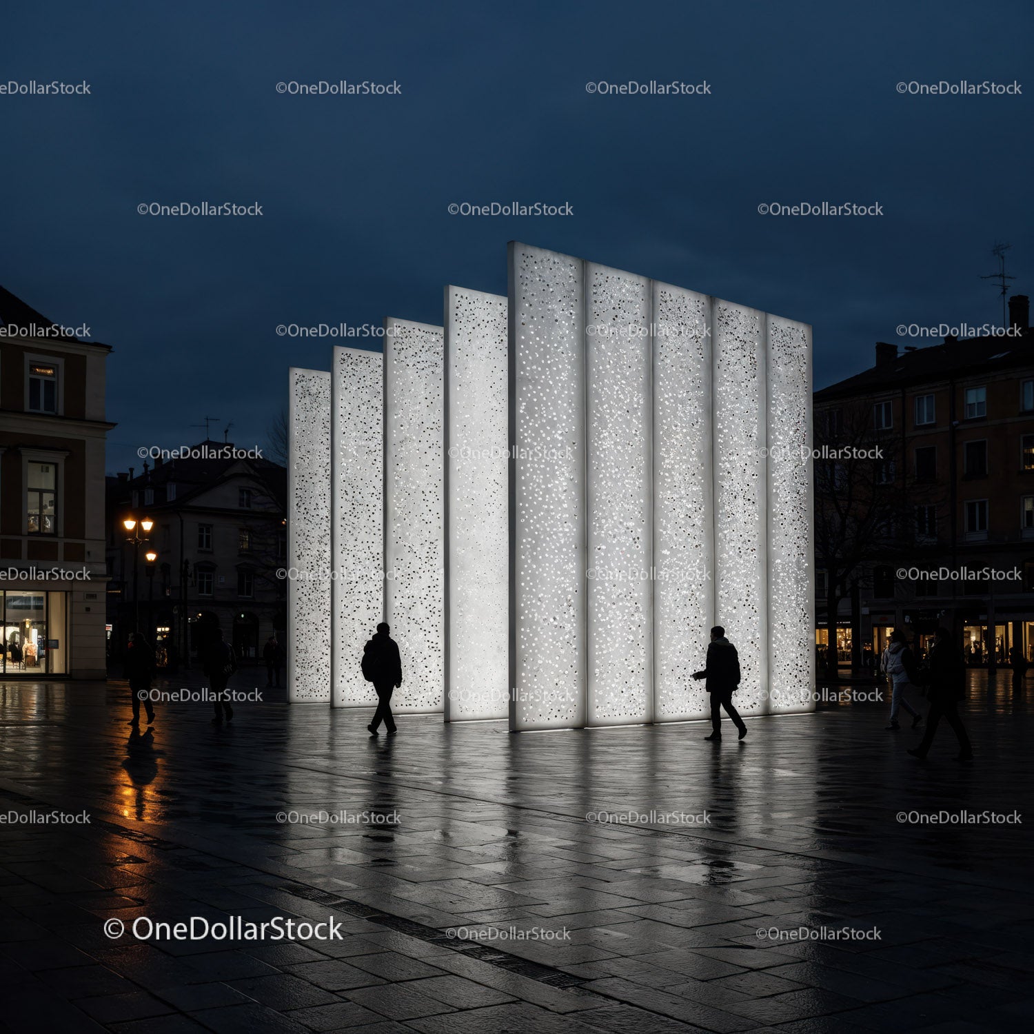 Modern LED Light Structure in City Square at Night