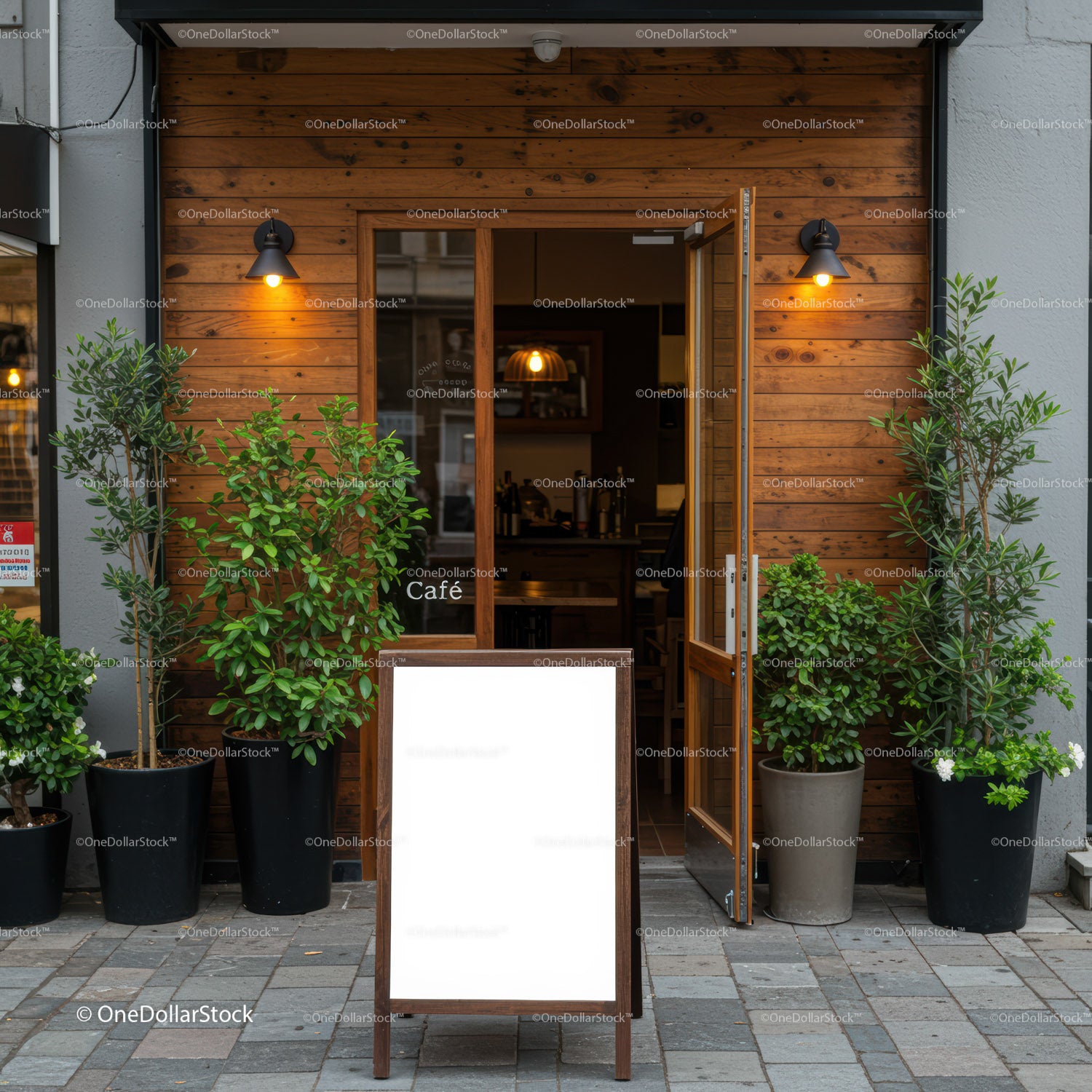 Charming cafe entrance with wooden facade and plants