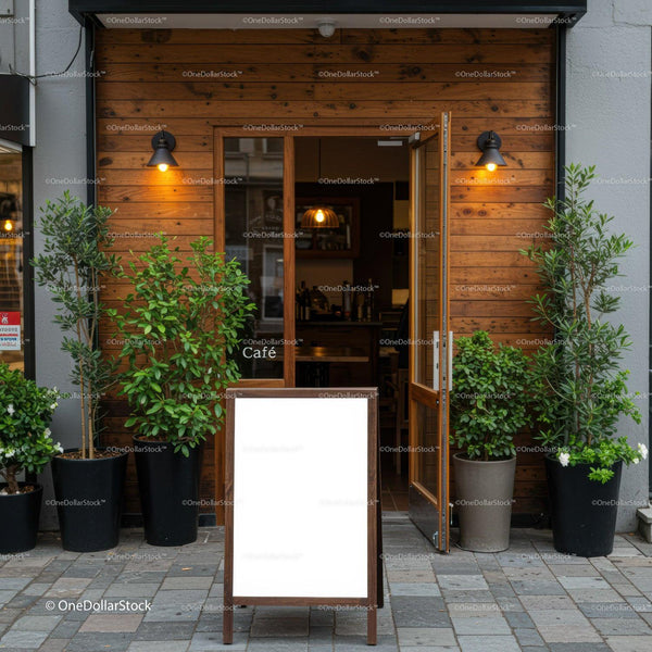 Charming cafe entrance with wooden facade and plants JPG Mockup Image