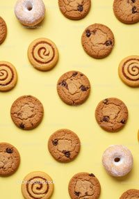 Assortment of cookies and powdered donuts on yellow