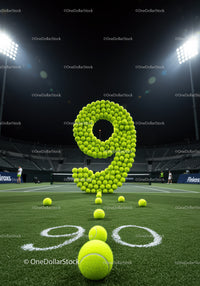 Number nine made of tennis balls on court at night