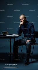 Man Deep in Thought at Office Desk with Timer Display