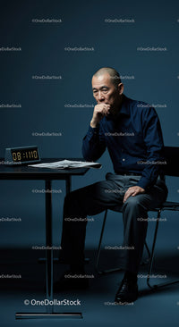 Man Deep in Thought at Office Desk with Timer Display