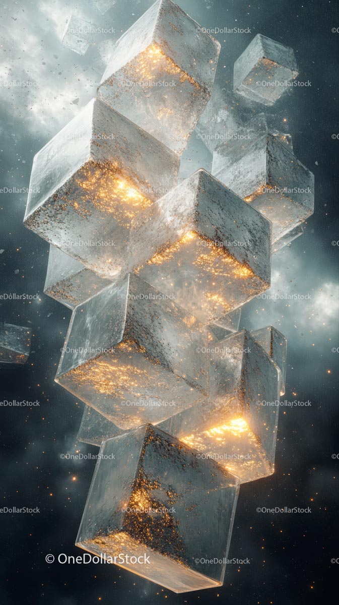 Futuristic Ice Cubes with Glowing Sparks in Cosmic Space Scene