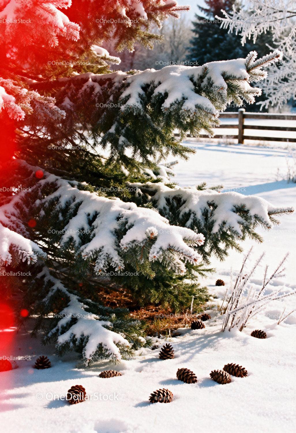 Snow-covered evergreen branches with scattered pine cones