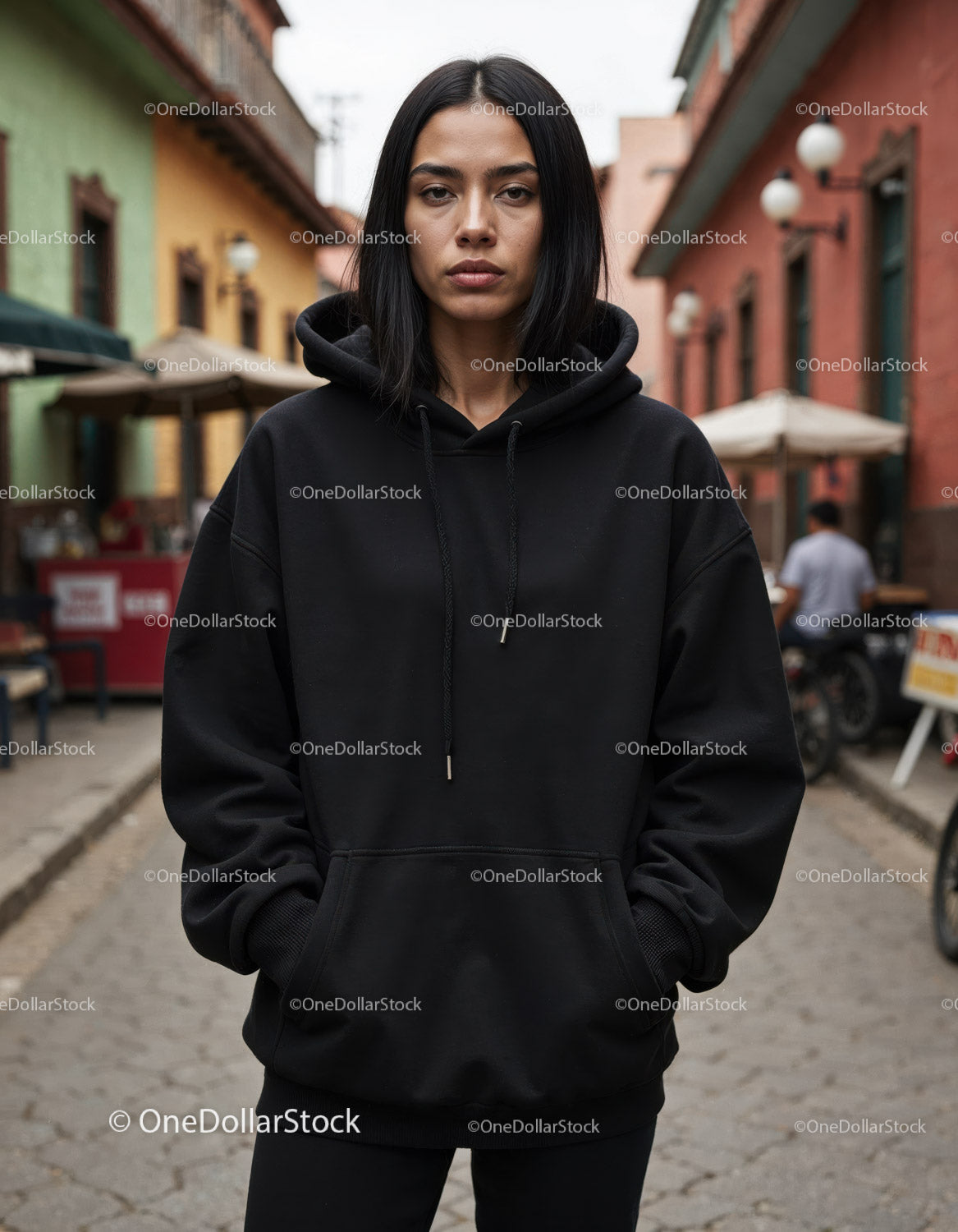 Fashionable Woman Wearing Black Hoodie in Urban City Street