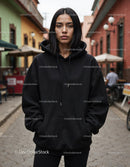 Fashionable Woman Wearing Black Hoodie in Urban City Street