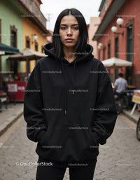 Fashionable Woman Wearing Black Hoodie in Urban City Street