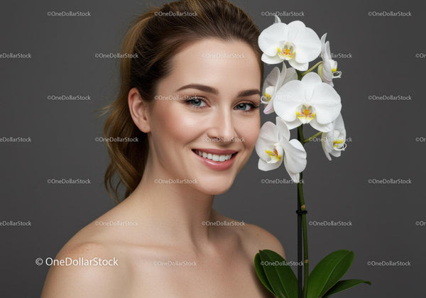 Joyful Woman with White Orchid Flowers in Professional Beauty Portrait