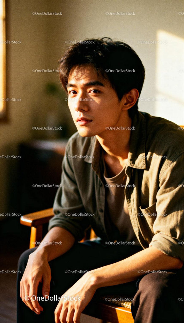 Young man in warm sunlight sitting thoughtfully indoors