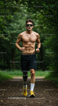 Male Runner with Prosthetic Leg Running Through Foggy Forest Trail