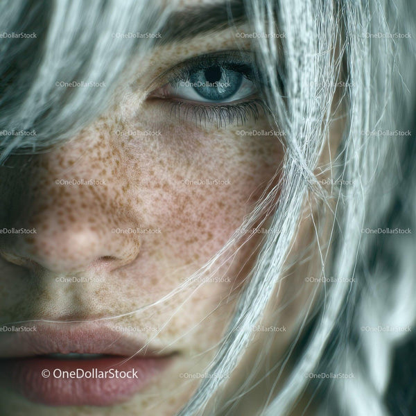 Close-Up of a Woman's Face with Blue Eye and Freckles in Natural Light