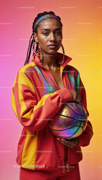 Colorful Streetwear Woman Holding Rainbow Basketball on Bright Background