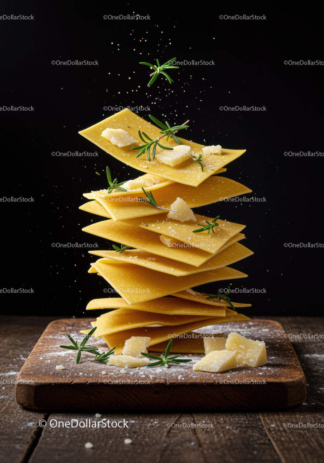 Ułożone świeże płaty makaronu z rozmarynem i parmezanem