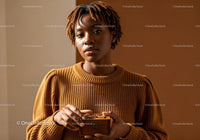 Elegant Black Woman Wearing Cozy Brown Sweater Holding Jewelry Box