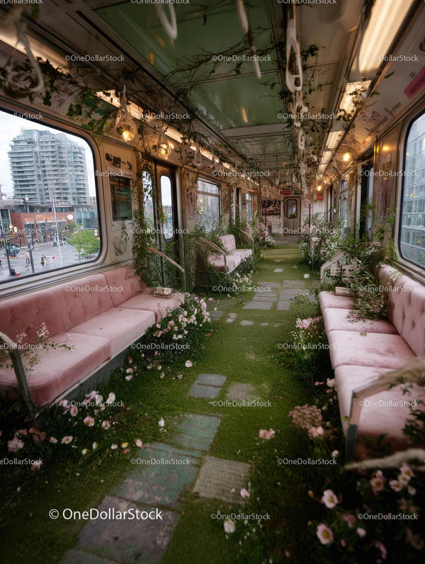 Indoor Floral Oasis in Vintage Style Train with Greenery and Pink Seats